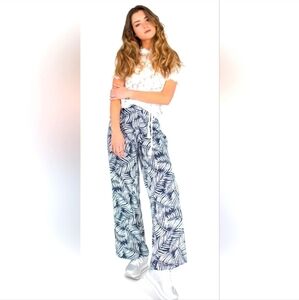 Elegant Navy Leaf Print Wide Leg Pants